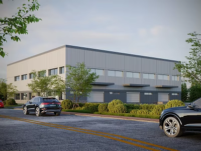 Modern Industrial Factory Building With Gray Metal Panels Windows Trees Bushes And Parked Cars 3d model