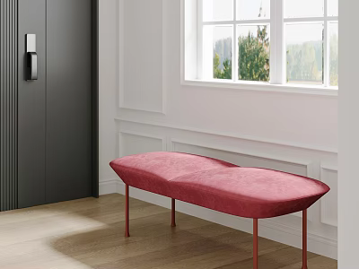 Red Upholstered Bench in Room With White Wall Window Wooden Floor and Dark Door 3d model