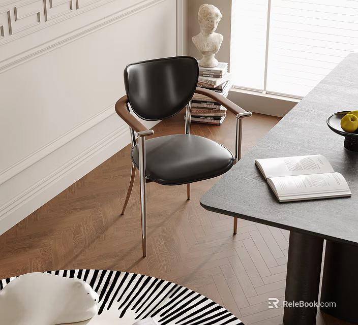 Modern Black Leather Dining Chair With Wooden Armrests And Metal Legs In Bright Dining Area 3d model 