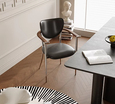 Modern Black Leather Dining Chair With Wooden Armrests And Metal Legs In Bright Dining Area 3d model