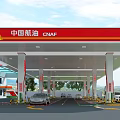 Modern China Energy Gas Station Exterior With Fuel Pumps And Vehicles On Lawn