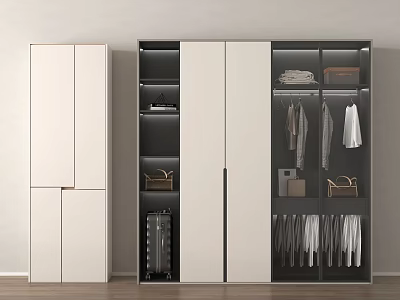 Modern Wardrobe Interior Design With White And Dark Panels Hanging Clothes Bags Shelves 3d model
