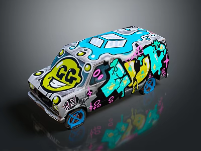 Eye Catching Colorful Graffiti Bus With Artistic Design And Blue Wheels 3d model
