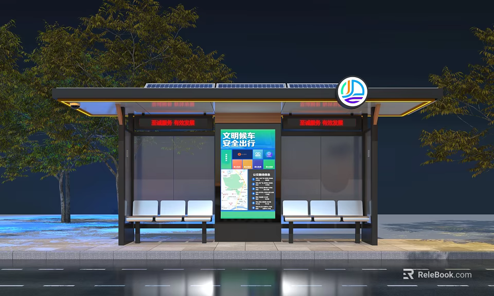 Bus Stop Billboard With Solar Panel Seats And Digital Display At Night 3d model 