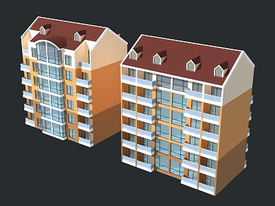 Multi Storey Residential Building With Red Roofs Yellow And White Exteriors Glass Windows And Balconies 3d model