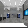 Modern Spacious Front Desk Reception Interior With Company Logo Large Screen And Lighting Design 3d model