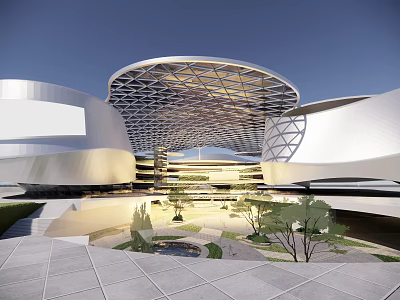 Modern Commercial Complex With Unique Curved Roof Structure Open Plaza Greenery And Water Feature 3d model