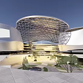 Modern Commercial Complex With Unique Curved Roof Structure Open Plaza Greenery And Water Feature