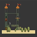 Cartoon Scene Featuring Three Orange Domes with Red Flags on Green Pillars and Small Bushes