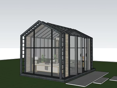Garden Greenhouse With Glass Walls Black Frame Wooden Trim Indoor Plants And Outdoor Grass 3d model