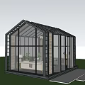 Garden Greenhouse With Glass Walls Black Frame Wooden Trim Indoor Plants And Outdoor Grass