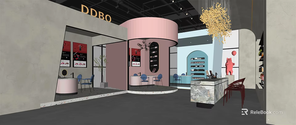 Beauty Hair Salon Interior With Pink Curved Structure Blue Chairs Display Cabinets And Decorative Chandelier 3d model 