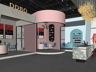 Beauty Hair Salon Interior With Pink Curved Structure Blue Chairs Display Cabinets And Decorative Chandelier 3d model
