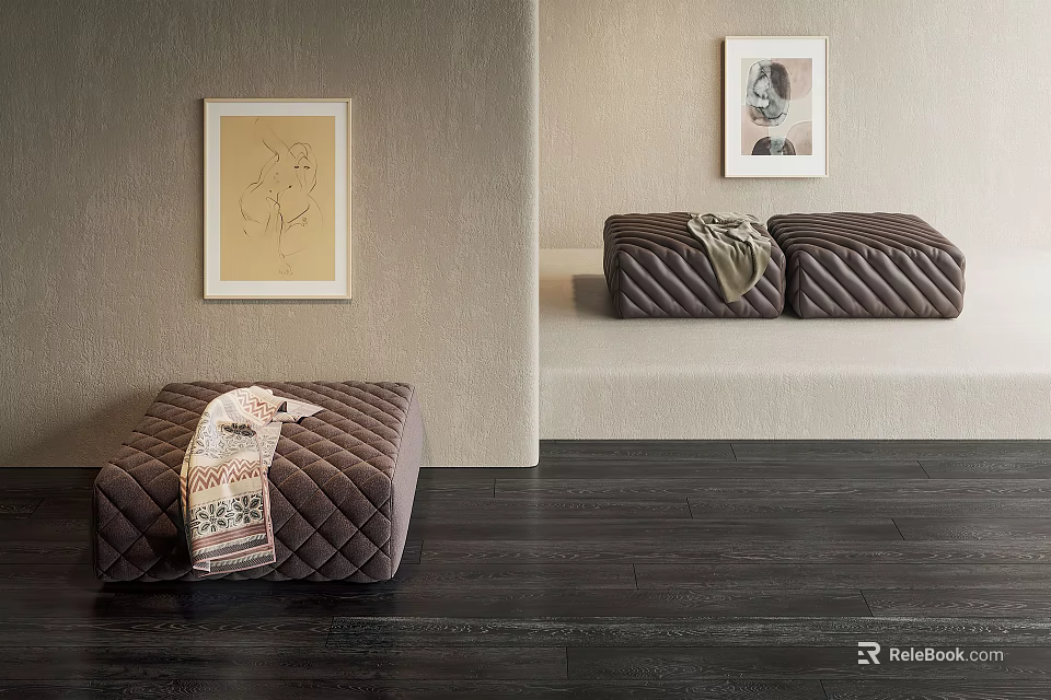 Elegant Quilted Ottoman With Throw On Dark Wood Floor In Modern Interior With Framed Art 3d model 