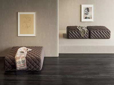 Elegant Quilted Ottoman With Throw On Dark Wood Floor In Modern Interior With Framed Art 3d model