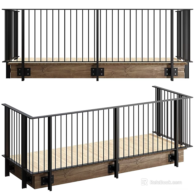 Stylish Black Metal Railings With Wooden Deck Base For Modern Balcony 3d model 