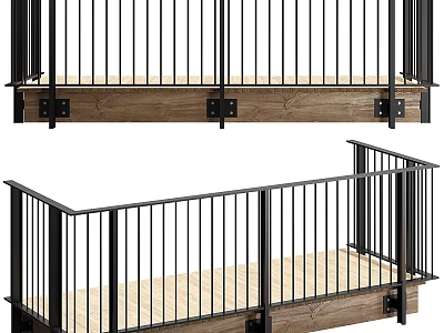 Stylish Black Metal Railings With Wooden Deck Base For Modern Balcony 3d model