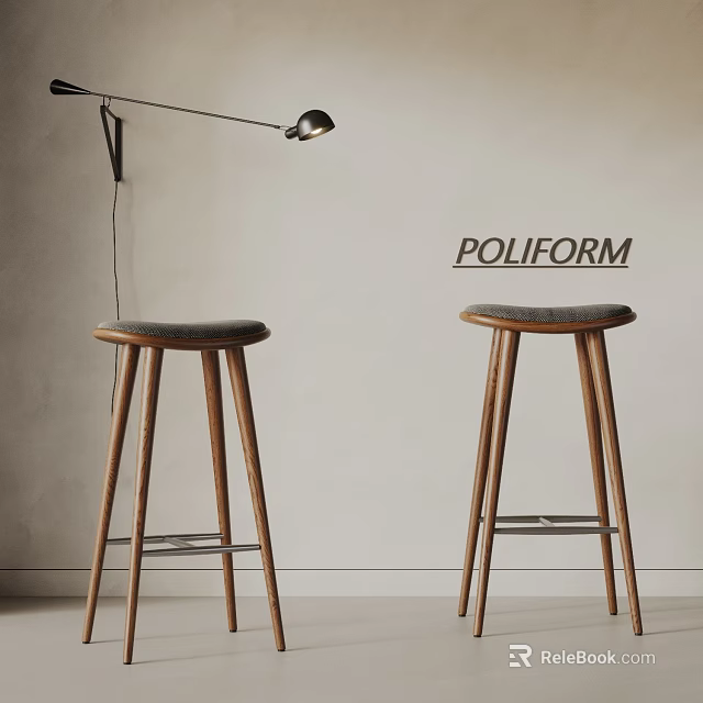 Poliform Modern Bar Stools With Wooden Legs And Gray Upholstered Seats 3d model 