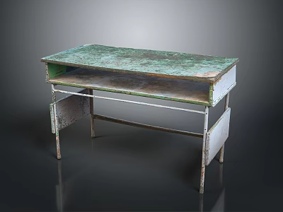 Vintage Office Desk with Green Worn Wooden Top and Metal Legs Two Tier Design 3d model