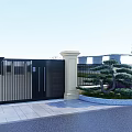 Modern Black Metal Gate With Stone Pillars And Landscaped Greenery Around Driveway