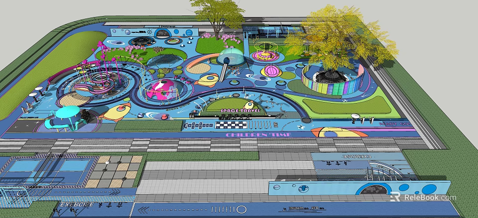 Colorful Amusement Playground Design With Various Play Structures And Green Trees 3d model 