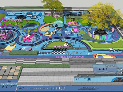 Colorful Amusement Playground Design With Various Play Structures And Green Trees 3d model