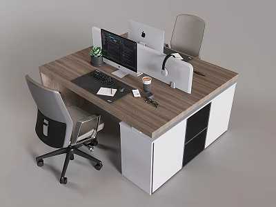 Modern Wooden Office Desk With Gray Chairs Computer Monitors Coffee Cup Plant And White Cabinets 3d model