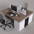 Modern Wooden Office Desk With Gray Chairs Computer Monitors Coffee Cup Plant And White Cabinets
