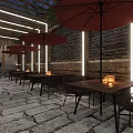 Traditional Brick Restaurant Exterior With Neon LOGO Sign Entrance Doll Green Plants And Stone Pavement