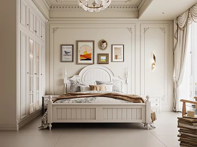Elegant Classic White Bedroom Interior With Chandelier Decorative Paintings And Curtains 3d model