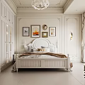 Elegant Classic White Bedroom Interior With Chandelier Decorative Paintings And Curtains