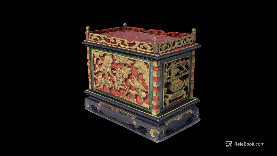Traditional Ornate Carved Wooden Box With Colorful Intricate Patterns And Decorative Details 3d model 