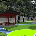 Park Landscape Design With Green Trees Colorful Play Areas And Water Features