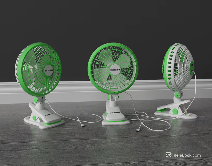 Three Green And White Tabletop Air Conditioner Fans With Stands On Wooden Floor 3d model 