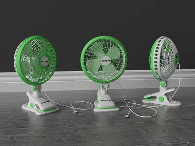 Three Green And White Tabletop Air Conditioner Fans With Stands On Wooden Floor 3d model