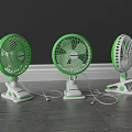 Three Green And White Tabletop Air Conditioner Fans With Stands On Wooden Floor