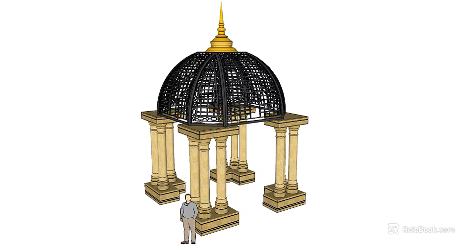 Ornate Domed Structure With Golden Spire Black Lattice Dome And Stone Pillars 3d model 