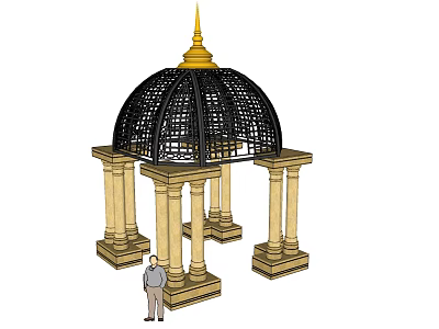 Ornate Domed Structure With Golden Spire Black Lattice Dome And Stone Pillars 3d model