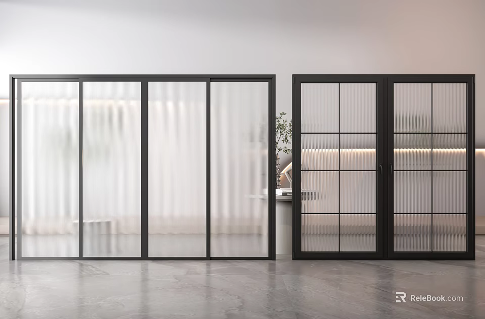 Modern Interior Glass Sliding Doors With Transparent And Grid Panel Design 3d model 