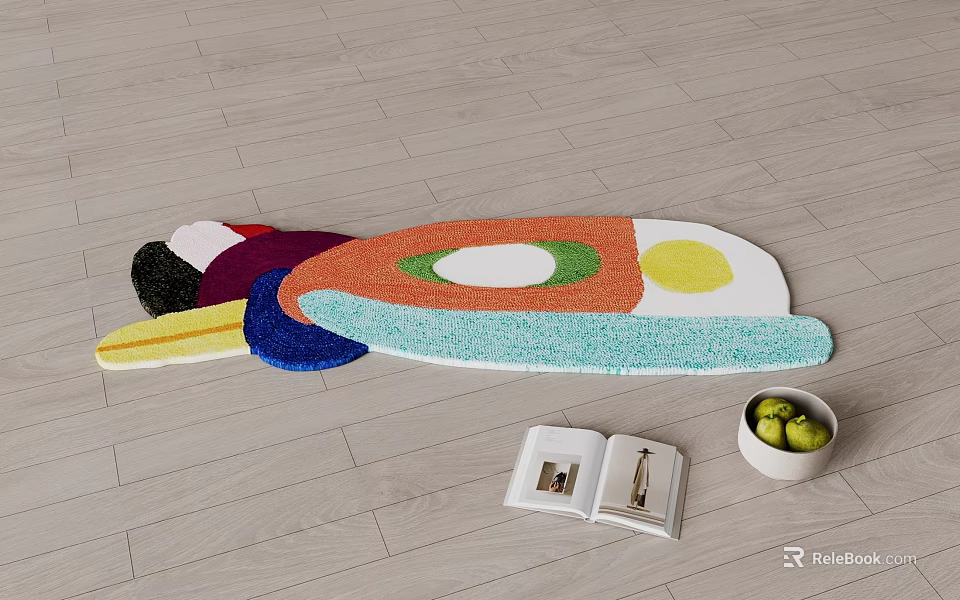 Artistic Shaped Rug On Wooden Floor With Book And Fruit Bowl 3d model 