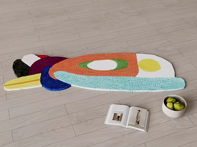 Artistic Shaped Rug On Wooden Floor With Book And Fruit Bowl 3d model