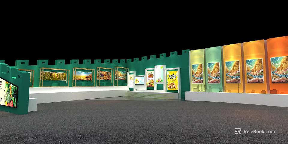 Modern Exhibition Island With Green Wall Display Shelves And Art Posters 3d model 