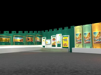 Modern Exhibition Island With Green Wall Display Shelves And Art Posters 3d model