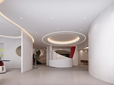 Modern Style Lobby Interior With Curved White Walls Circular Ceiling Lights And Spiral Staircase 3d model
