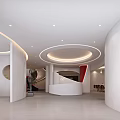 Modern Style Lobby Interior With Curved White Walls Circular Ceiling Lights And Spiral Staircase