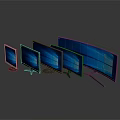 Computer Monitors In Different Sizes With Blue Screens Arranged In A Row 3d model