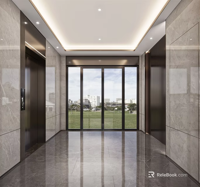 Modern Elevator Lobby With Marble Walls Large Windows Elevator Doors And Polished Floor 3d model