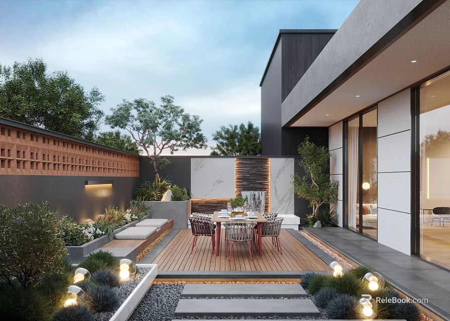 Modern Courtyard Garden With Wooden Deck Outdoor Dining Set Green Plants Lighting And Steps 3d model 