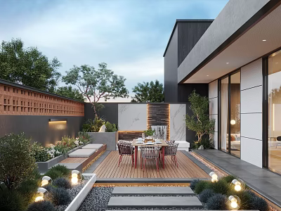 Modern Courtyard Garden With Wooden Deck Outdoor Dining Set Green Plants Lighting And Steps 3d model