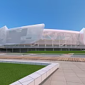 Modern Stadium With White Roof Green Football Field And Surrounding Grass Areas